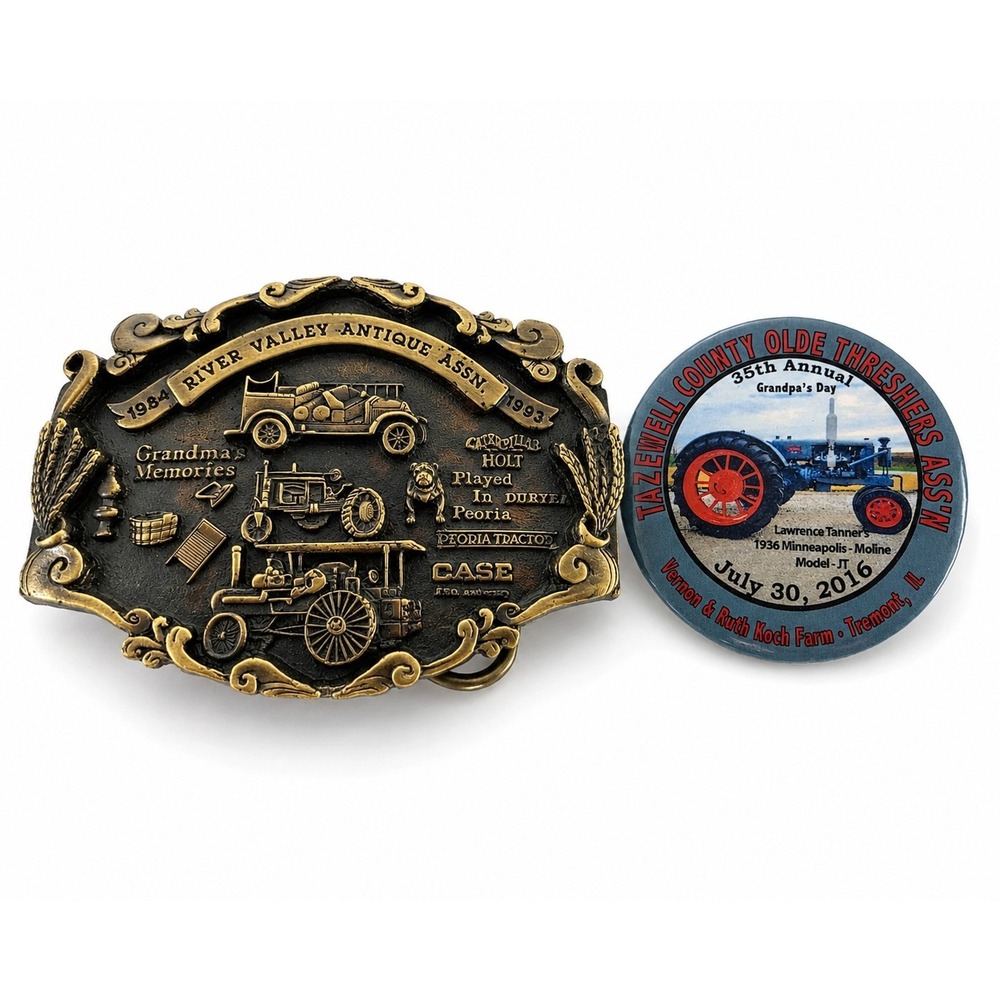 1993 River Valley Antique Assn Belt Buckle #43/300 + 2016 Threshers Tractor Pin